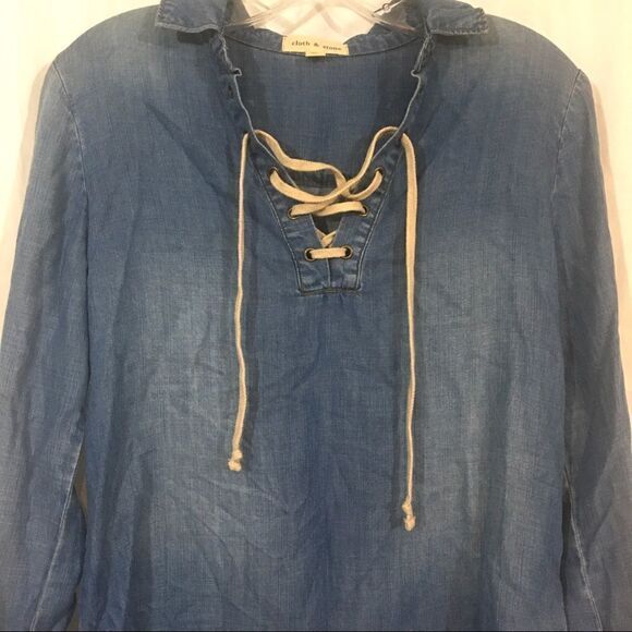 Cloth and stone denim look tunic laced neck top XS - Picture 2 of 5